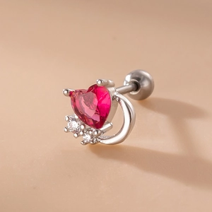 Close-up of heart-shaped red zircon screw-back earring in silver stainless steel