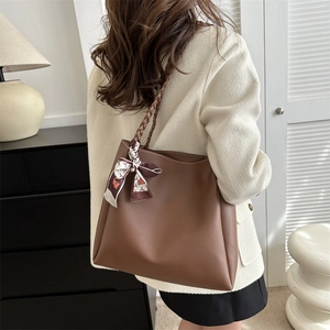 Large capacity dark brown tote bag with woven handle and silk scarf detail