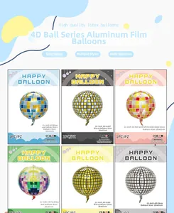 Detail view of 22-inch 4D disco foil balloons in various metallic colors for party decor