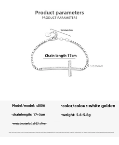 Detail of S925 sterling silver cross bracelet with dimensions and 17+3cm chain length