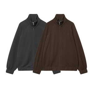 Minimalist high collar zip-up sweatshirt in charcoal grey and brown heavy knit fabric