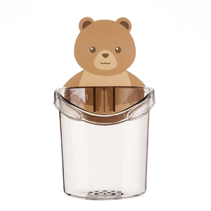 Wall-mounted brown bear toothbrush holder with a drainage cup for bathroom storage