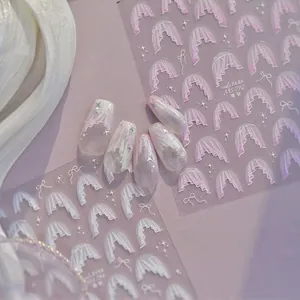 Japanese style lace nail art stickers with bow design on a soft purple background