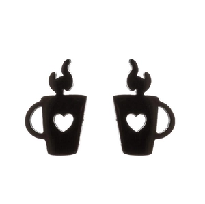 Minimalist black stainless steel coffee cup stud earrings with hollow heart and steam