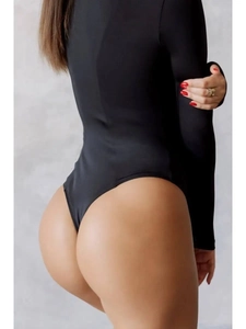 Back view of black long-sleeve bodysuit featuring a thong cut and slim fit design