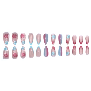 Blue and pink almond press-on nails with floral patterns and French tips, 24-piece set