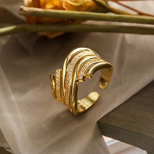 Fashionable layered gold wave open ring with sparkling zircon inlays for women
