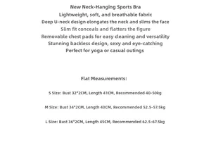 Size chart for halter sports bra showing measurements for S, M, and L sizes in detail