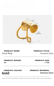 Detail view of gold stainless steel cross ring showing textured surface and dimensions
