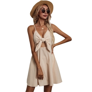 Linen bow-knot strap mini dress in beige with V-neck and cut-out waist for summer vacation