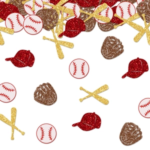 Baseball themed party confetti with glitter hats bats gloves and ball decorations
