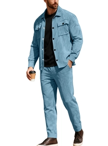 Men's light blue corduroy leisure suit with a buttoned jacket and matching trousers