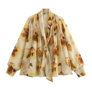 Damen Blumen Chiffon Bluse Langarm Schluppenkappe Schleife Locker Elegant Frühling Pendler Druck Hemd Top Leicht