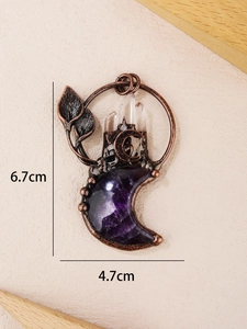 Vintage crescent moon amethyst pendant with crystal cluster and copper leaf details