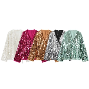 Women Sequin Blouse V Neck Tie Waist Long Sleeve Glitter Wrap Top Sparkling Party Shirt Elegant Shimmering Cardigan