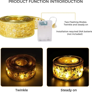 Golden LED ribbon lights with twinkle and steady on modes for Christmas tree decor