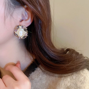 Vintage cameo earrings with purple crystals and champagne zircon in a French court style