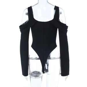Back view of a slim fit black long sleeve bodysuit with sexy off-the-shoulder design