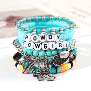 Bohemian multi-layer turquoise bead bracelet set with western cowboy metal charms