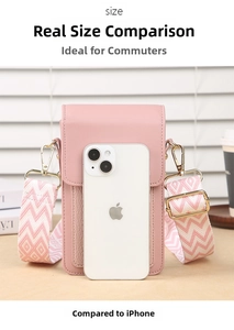 Detailed comparison of pink faux leather mini crossbody bag size next to a smartphone