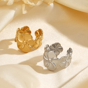 French vintage stainless steel floral open ring in gold and silver plating