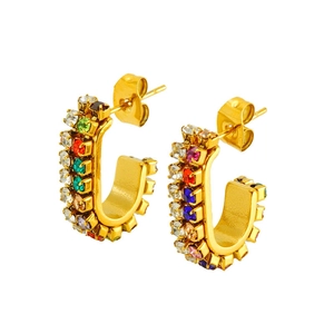 Pair of gold-plated U-shaped earrings with rainbow cubic zirconia and shiny metal finish