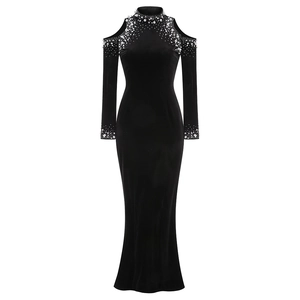 Elegant black velvet long sleeve bodycon dress with pearls and rhinestones on white background