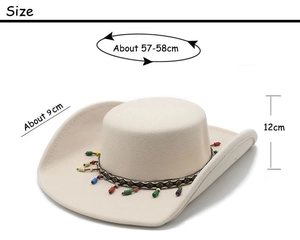 Detailed view of beige felt cowboy hat with size specs: 9cm brim and ethnic beaded band