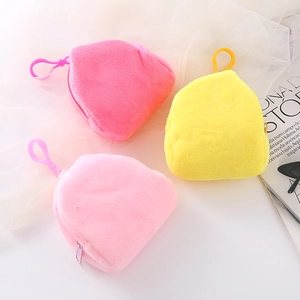 Soft plush mini backpack coin purses in pink and yellow with plastic hanging hooks