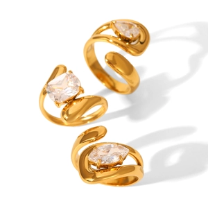 Minimalist gold plated stainless steel open rings set with teardrop and square zircon