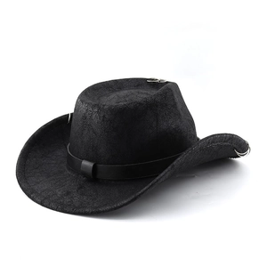 Classic black faux leather western cowboy hat with metal rings and decorative belt trim