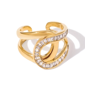 Bague ajustable luxueuse en acier inoxydable doré 18 carats avec oxydes de zirconium