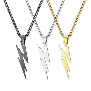 Men's hip hop lightning bolt pendant necklaces with square pearl chains in gold, silver, and black