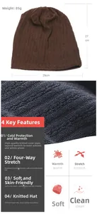 Detail view of 85g knit beanie showing 27x29cm dimensions and warm ribbed fabric texture
