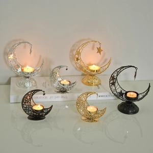 Crescent Moon Star Metal Candle Holder Hollow Out Incense Burner Ramadan Eid Decor Middle Eastern Desktop Ornament Gold