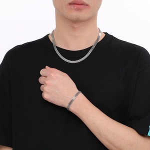 Ensemble collier et bracelet en maille tissée d'acier inoxydable de 6mm pour hommes