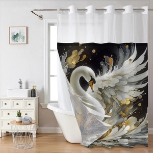 Detail of artistic swan pattern shower curtain with white metal rings in modern bathroom