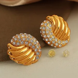 Retro 18K gold plated wing textured stud earrings with sparkling crystals for women