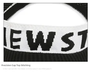 Detail of knitted stitch texture and NEW ST bold lettering on black and white sun hat