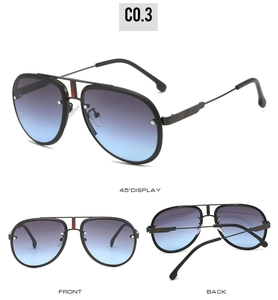 Detailed views of aviator sunglasses with matte black frame and red stripe hinge detail