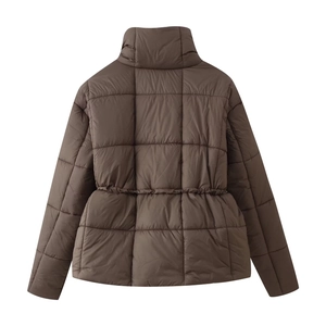 Deep brown quilted short puffer jacket for women with back waist drawstring and slim fit