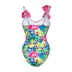 Costume da bagno intero con stampa tropicale e fiori 3D rosa sulle spalline