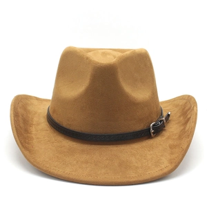 Detail of camel suede cowboy hat featuring black leather band and silver buckle