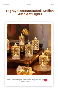 Detailed view of crystal-cut LED candle lights with warm flame effect on a wooden base