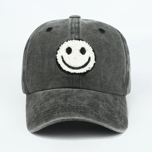 Charcoal grey washed cotton baseball cap with white towel embroidered smiley face