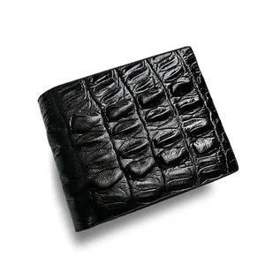 Men's black bifold wallet with crocodile textured leather pattern on a white background