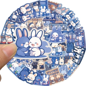 50pcs blue cartoon bunny stickers for laptop and DIY stationery set on white background