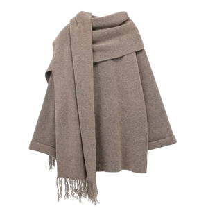 Detailed close-up of taupe knit coat texture and fringe scarf set for winter wear