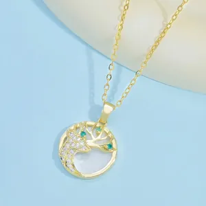 New Chinese Style Deer Antler Artificial Opal Round Pendant Copper Necklace For Women Gold Rhinestone Shell Jewelry