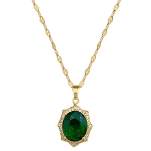 Elegant titanium steel gold necklace with marquise green gemstone and micro-pave crystals